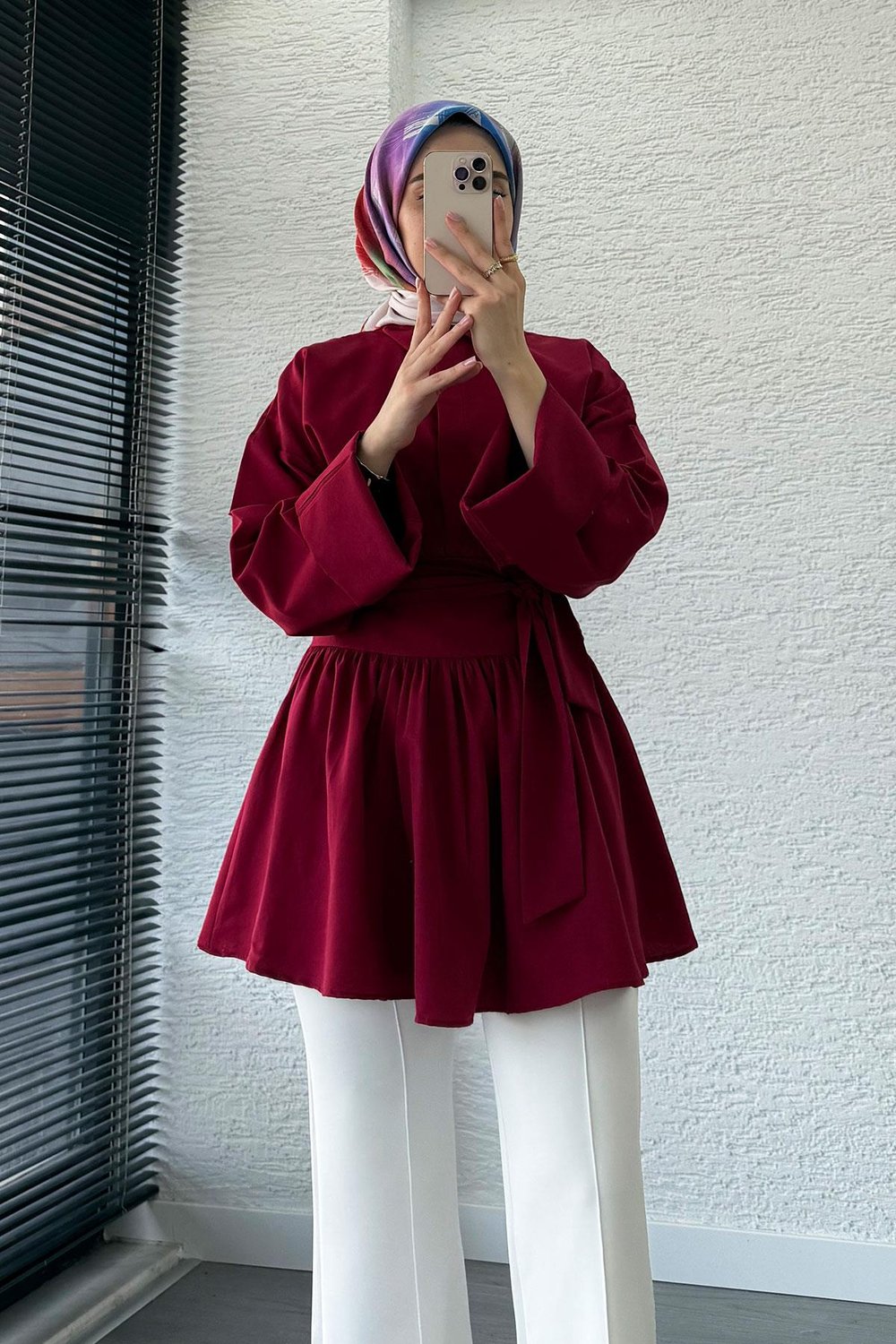 Bel Kuşaklı Poplin Tunik-Bordo