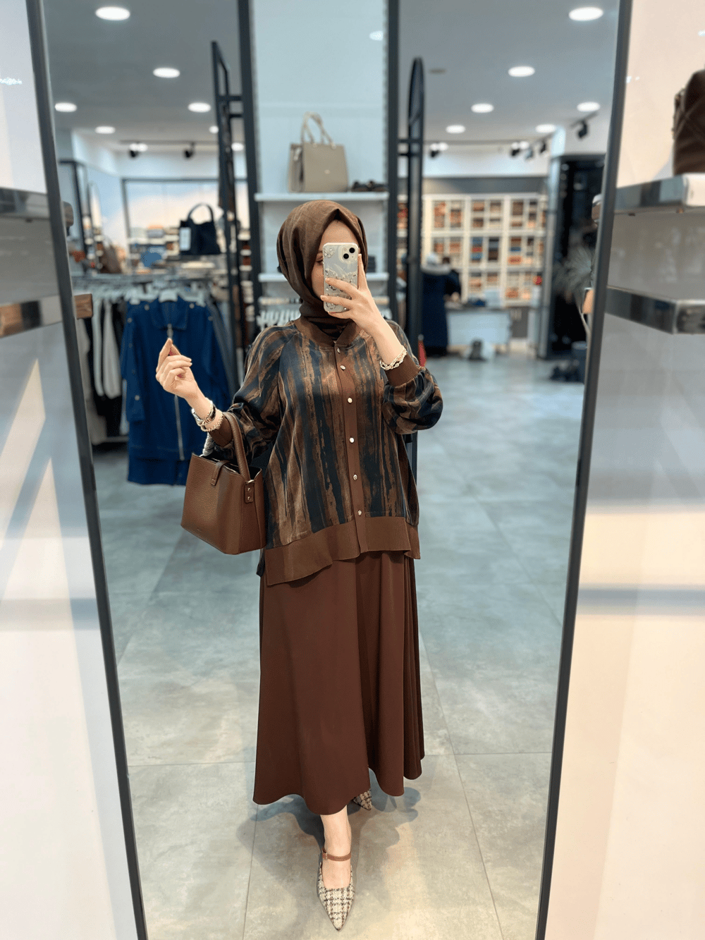 Alesya Cupra Bluz Etek Takım - Kahve