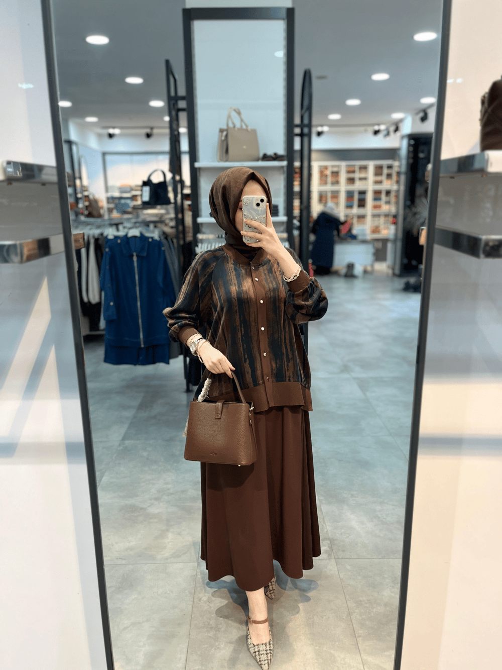 Alesya Cupra Bluz Etek Takım - Kahve
