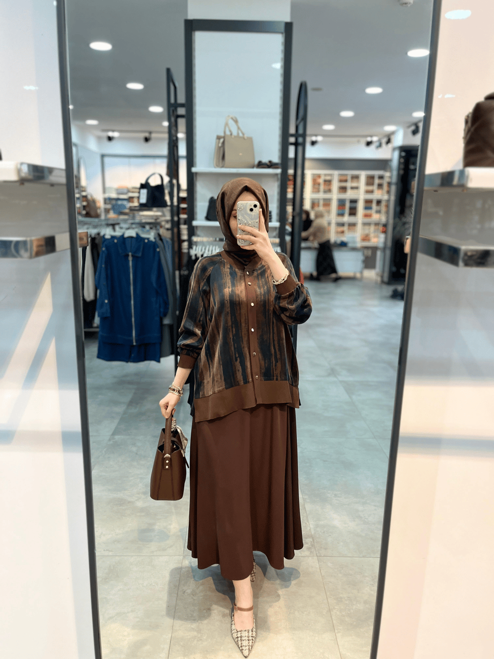 Alesya Cupra Bluz Etek Takım - Kahve