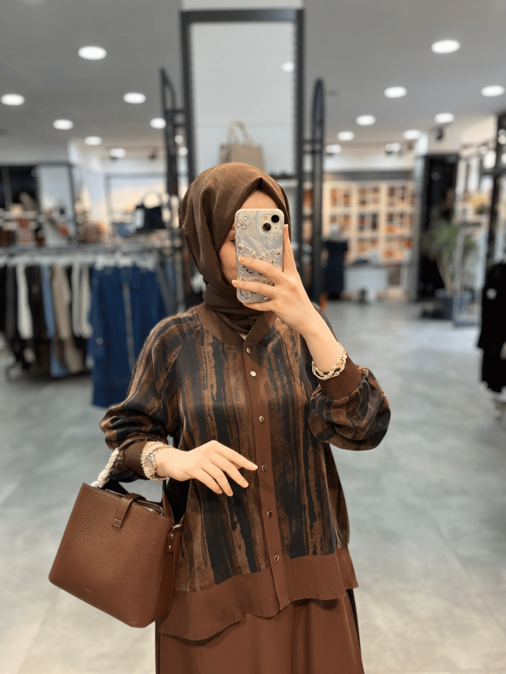 Alesya Cupra Bluz Etek Takım - Kahve