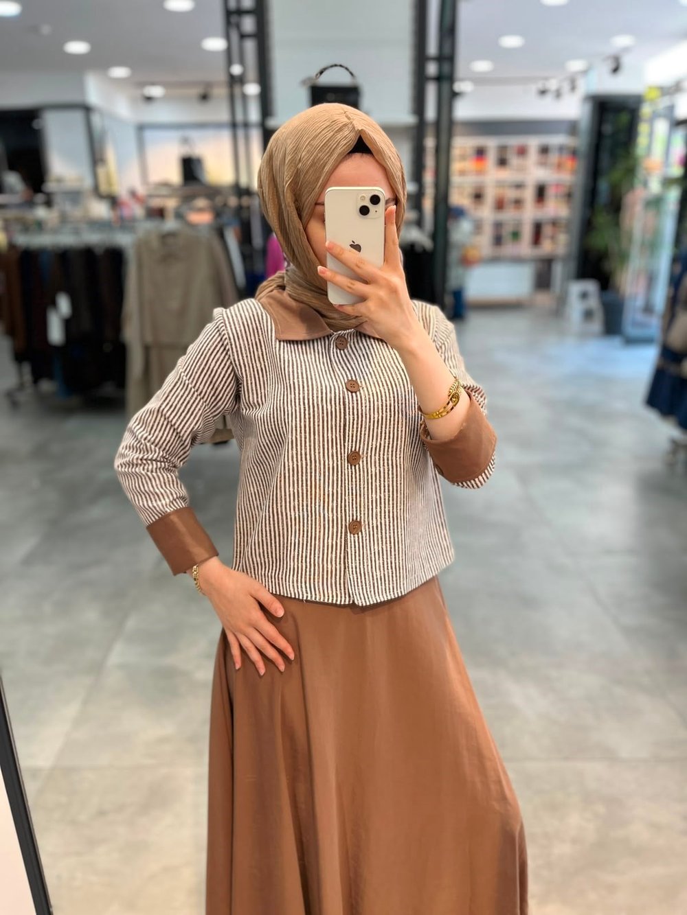 Alesya Katlamalı Manşet Detaylı Çizgili Ceket Etek Takım - Kahve