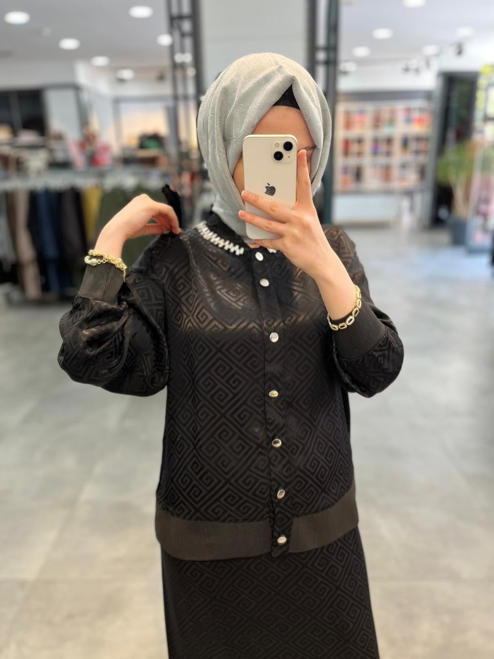 Alesya Yakası Taşlı Jakar Bluz Etek Takım - Siyah