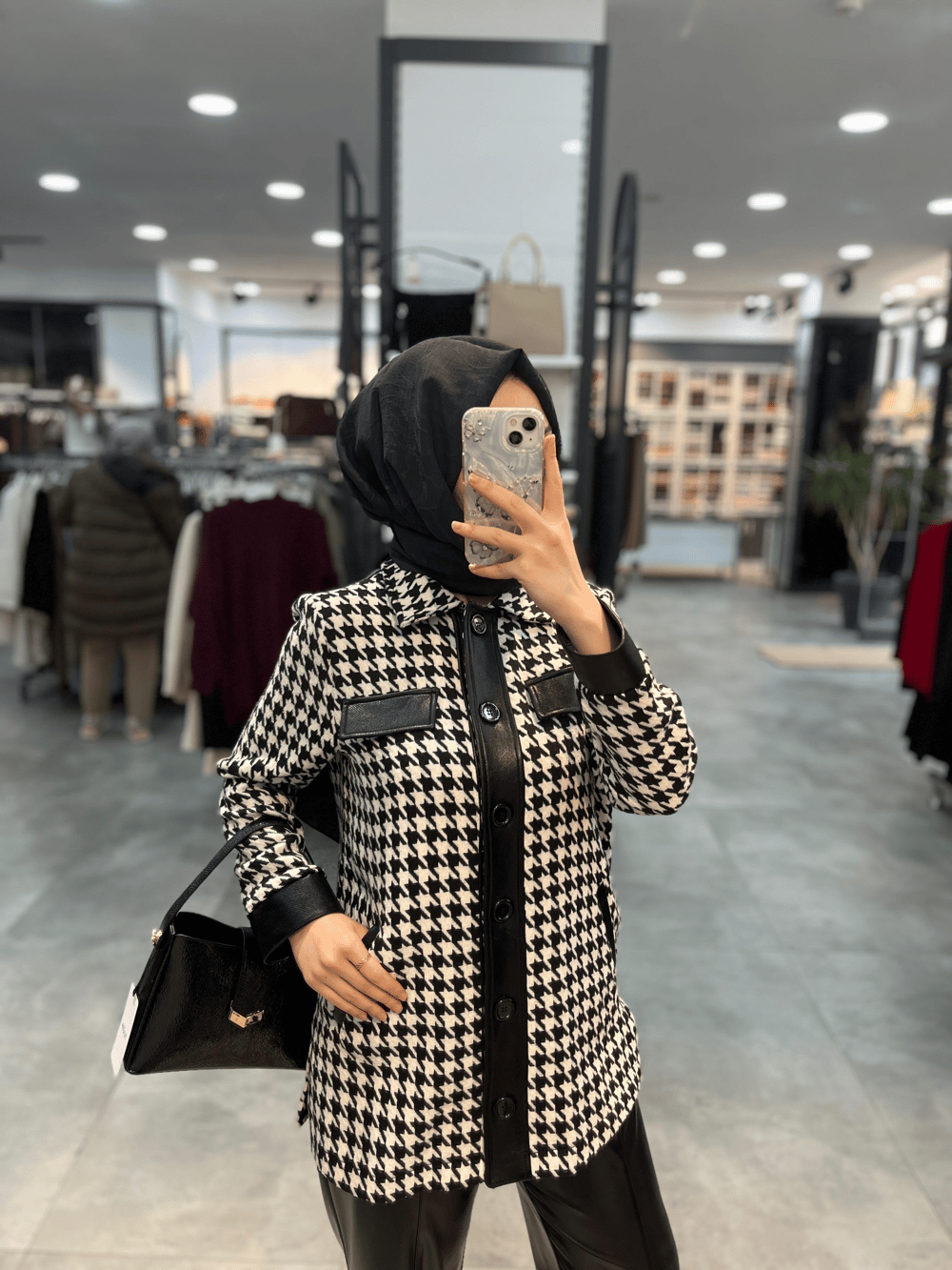 Kazayağı Ve Deri Kombinli Ceket - Siyah