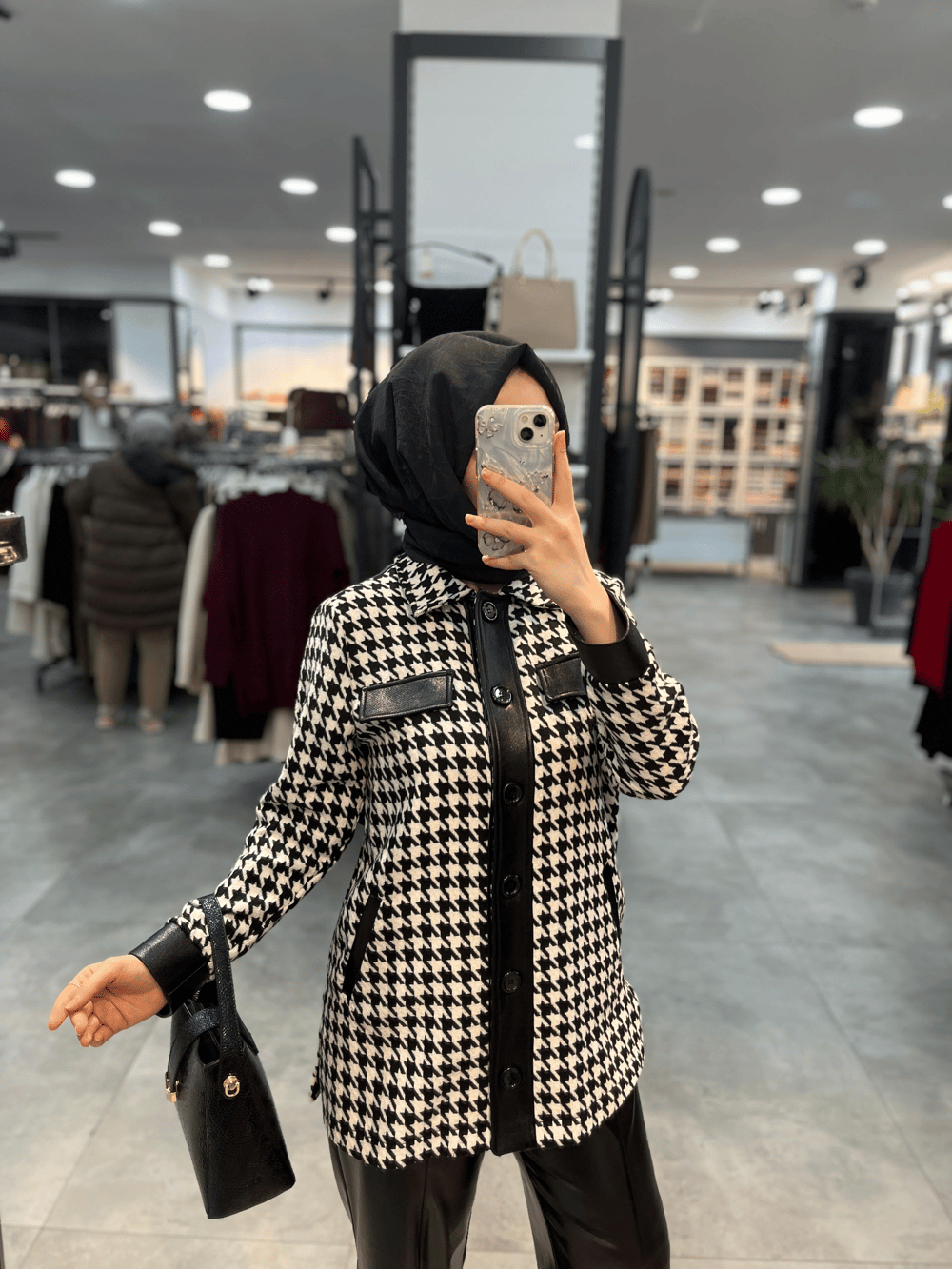 Kazayağı Ve Deri Kombinli Ceket - Siyah