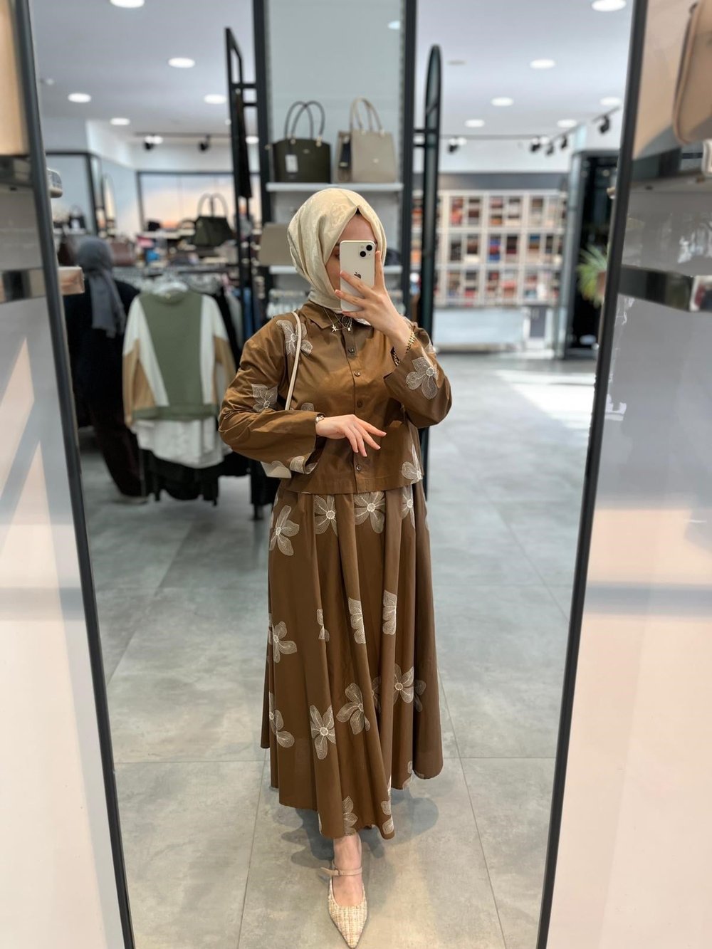 Nihan Beli Büzgülü Nakışlı Cotton Etek - Camel