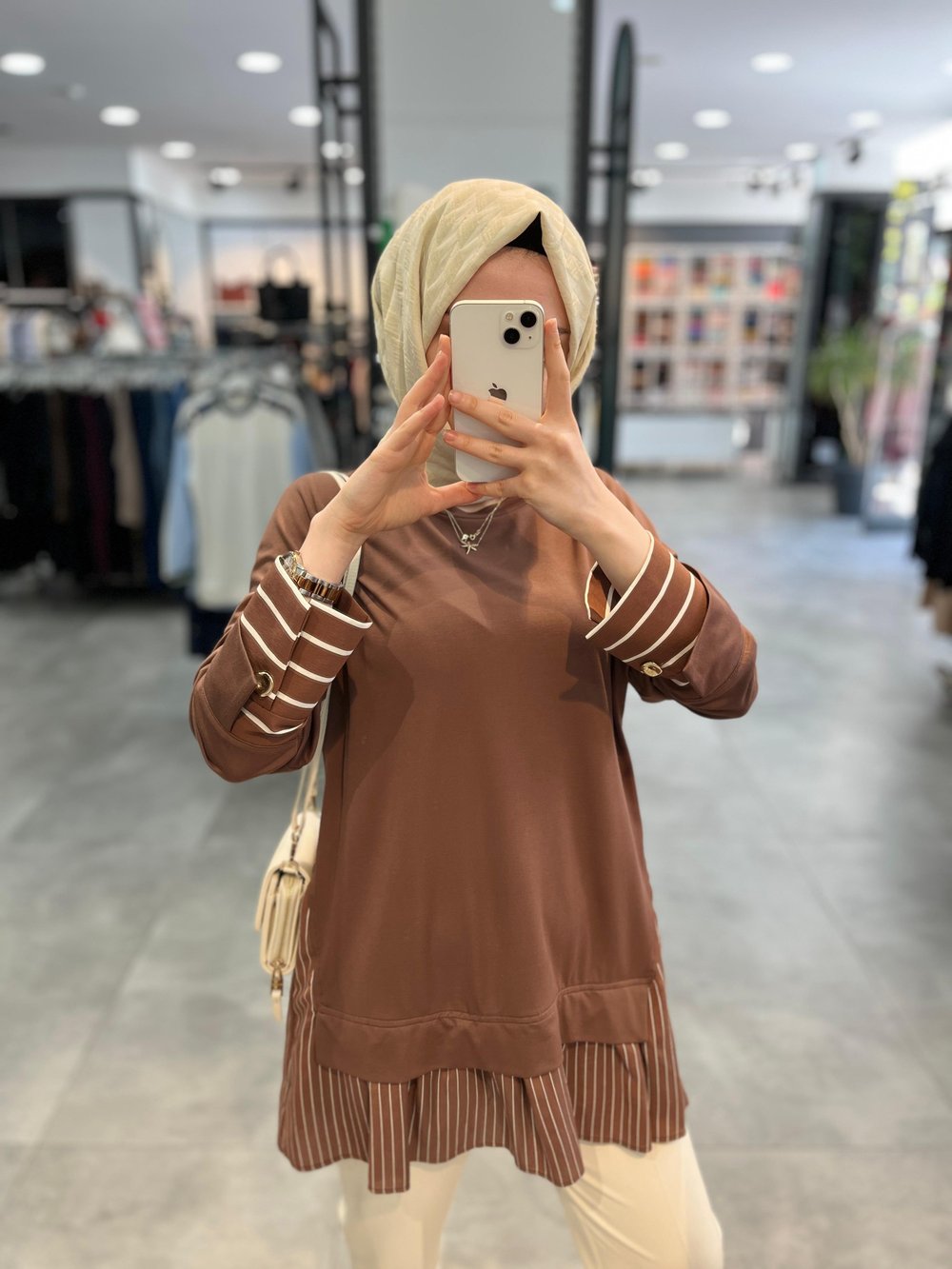 Nihan Çizgi Kumaş Kombinli Örme Rayon Karışımlı Tunik - Kahve