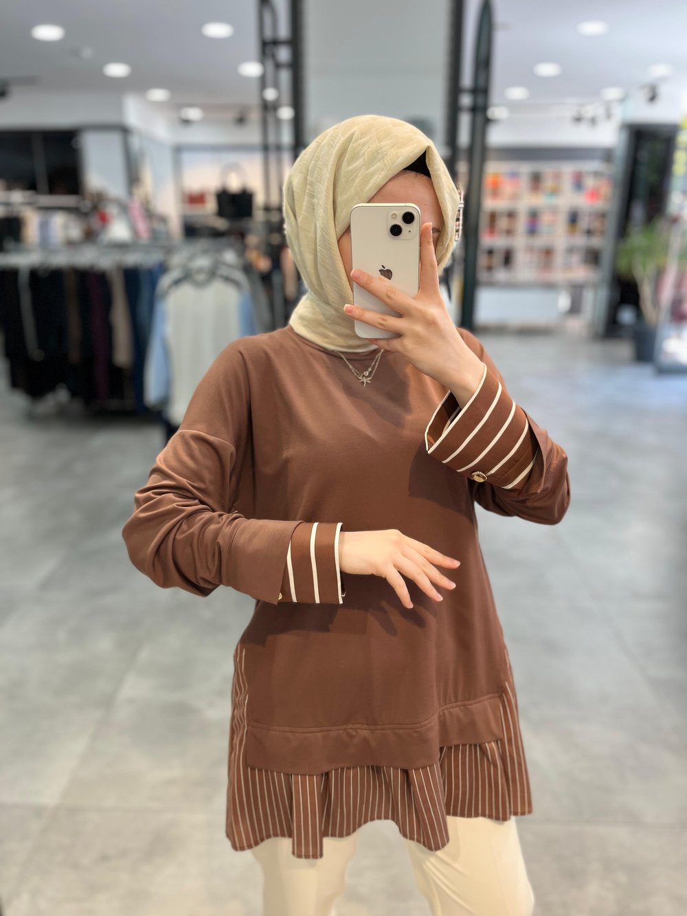 Nihan Çizgi Kumaş Kombinli Örme Rayon Karışımlı Tunik - Kahve