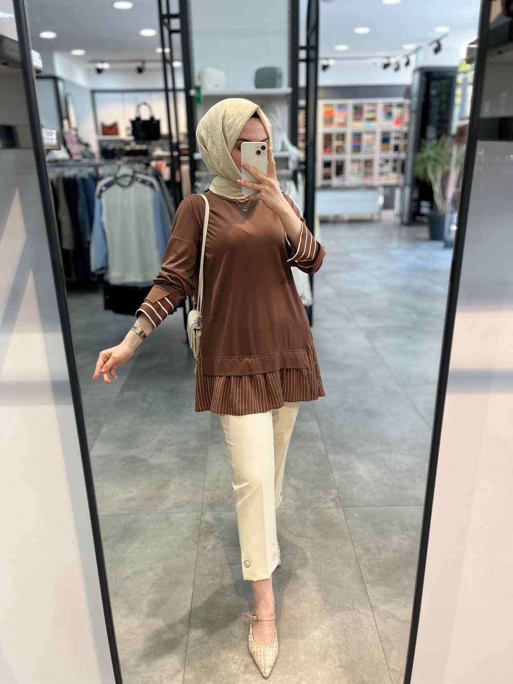 Nihan Çizgi Kumaş Kombinli Örme Rayon Karışımlı Tunik - Kahve