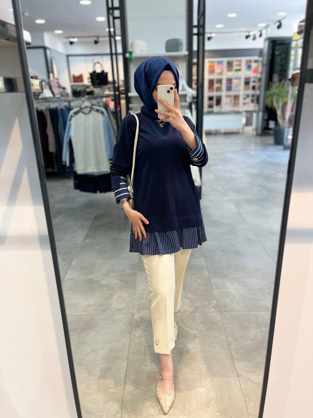 Nihan Çizgi Kumaş Kombinli Örme Rayon Karışımlı Tunik - Lacivert