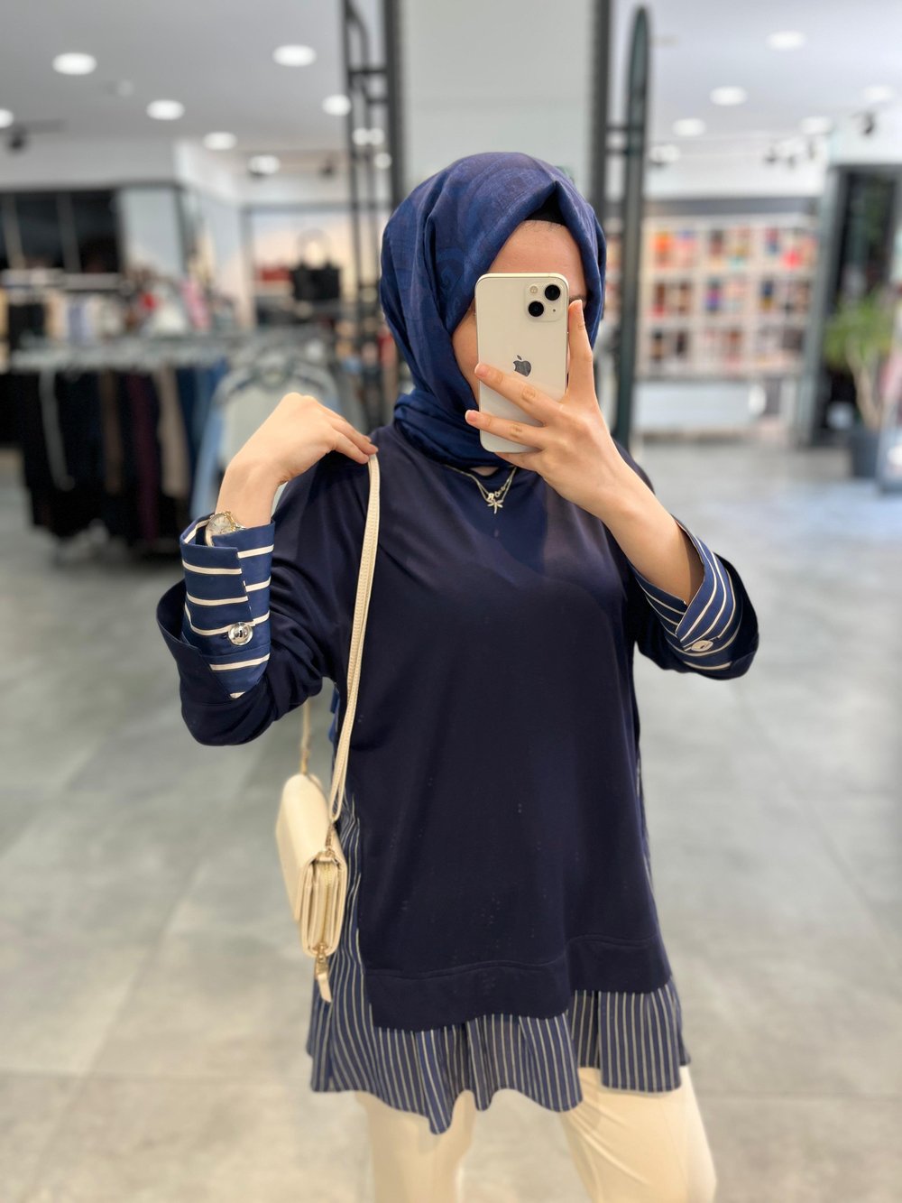 Nihan Çizgi Kumaş Kombinli Örme Rayon Karışımlı Tunik - Lacivert