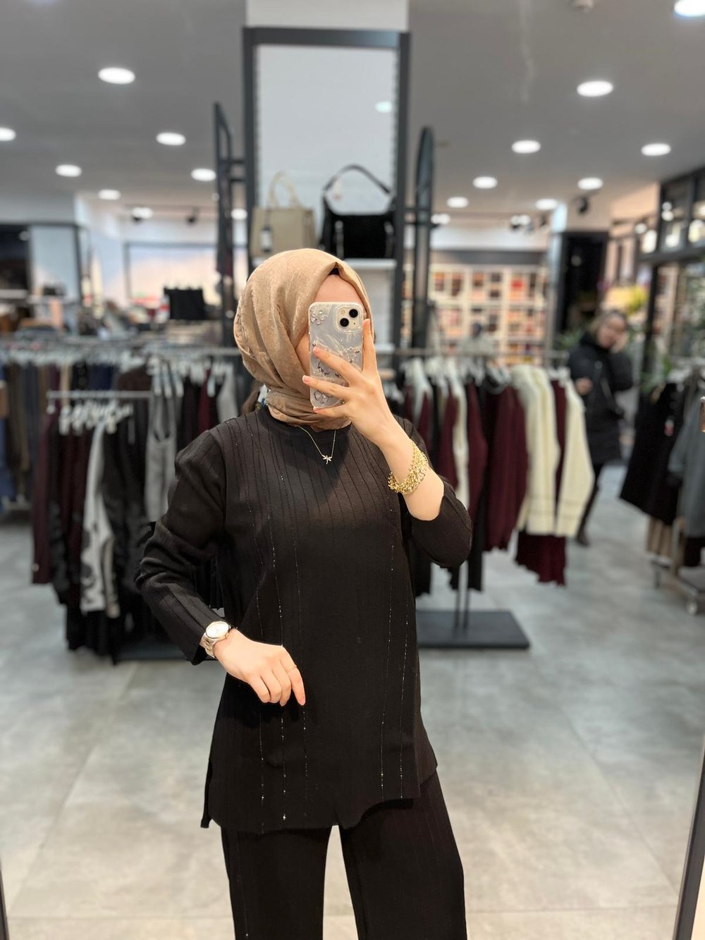 Nuss Triko Baskı Taşlı Tunik Pantolon Triko Takım - Siyah