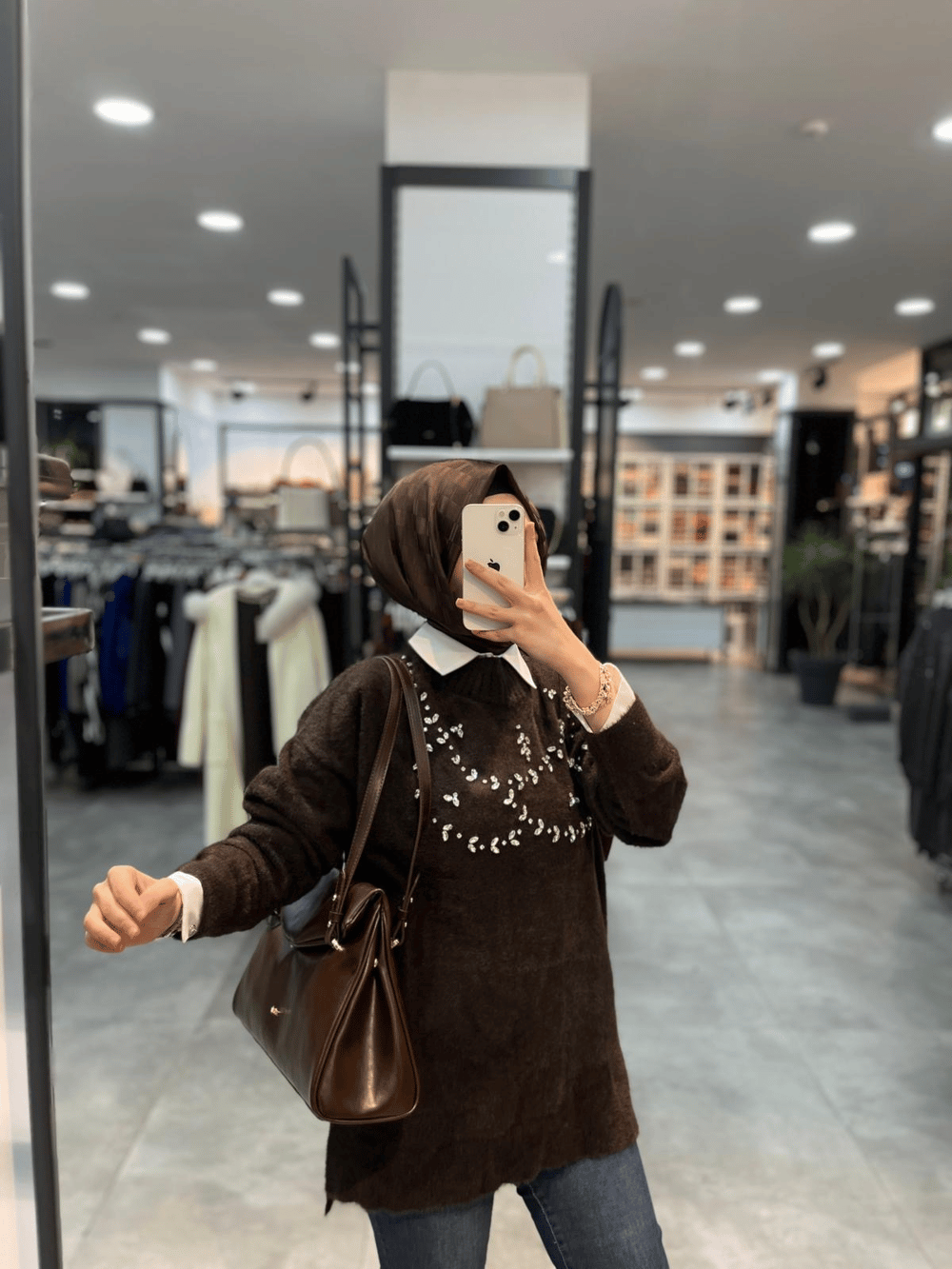 Nuss Triko Önü Taşlı Angora Tunik - Kahve