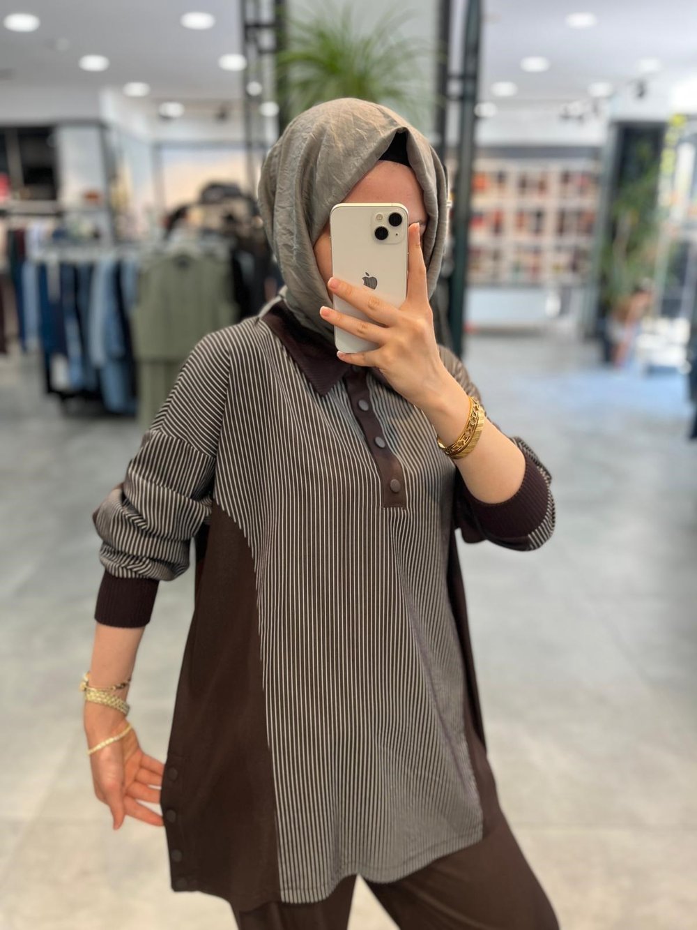 Nuss Triko Yaka Detaylı Çizgili Pantolon Tunik Takım - Kahve