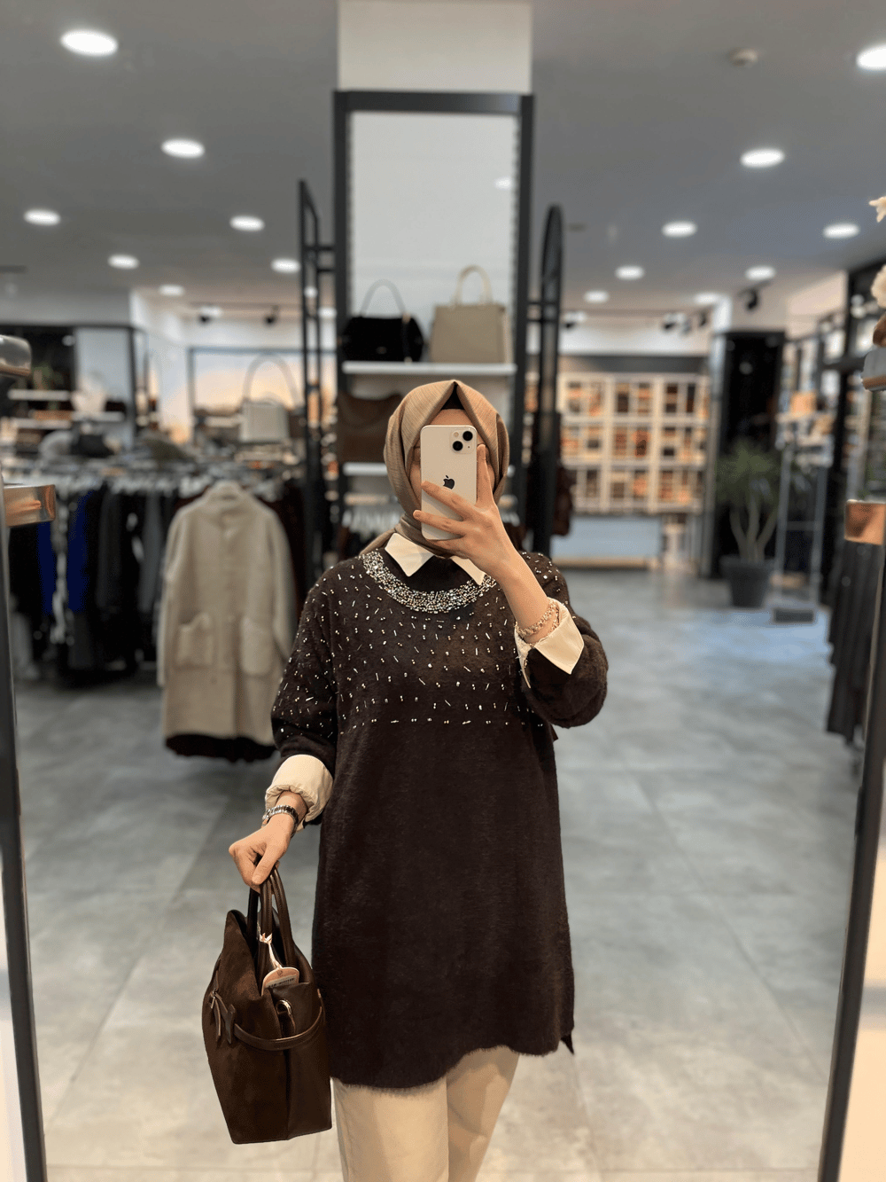 Nuss Triko Yaka Ve Önü Taşlı Angora Tunik - Kahve