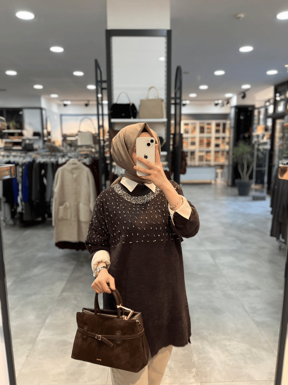 Nuss Triko Yaka Ve Önü Taşlı Angora Tunik - Kahve