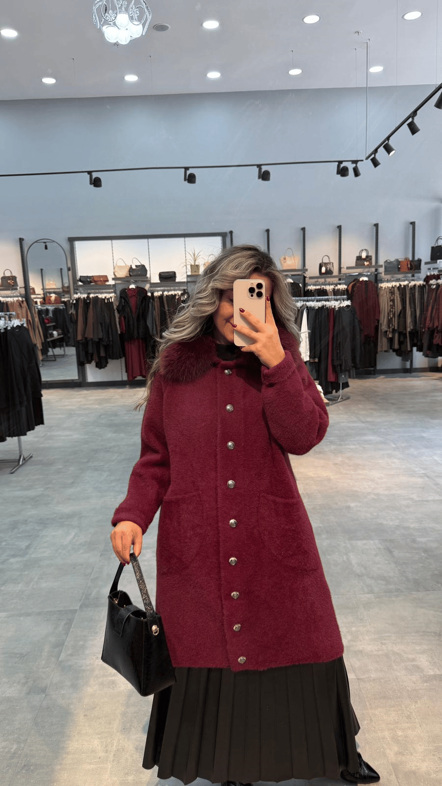 Nuss Triko Yakası Kürklü Torba Cepli Angora Kaban - Bordo