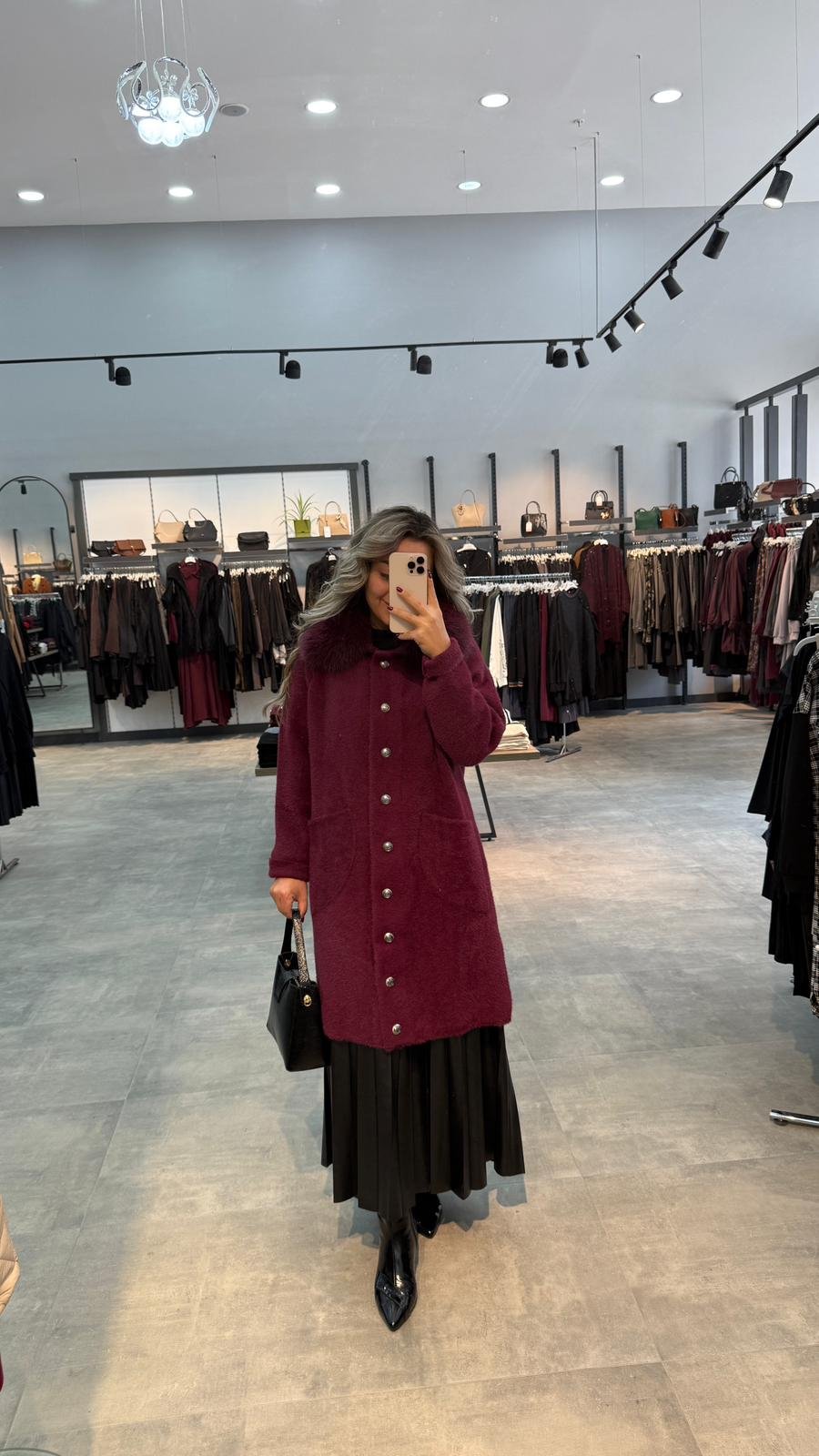 Nuss Triko Yakası Kürklü Torba Cepli Angora Kaban - Bordo
