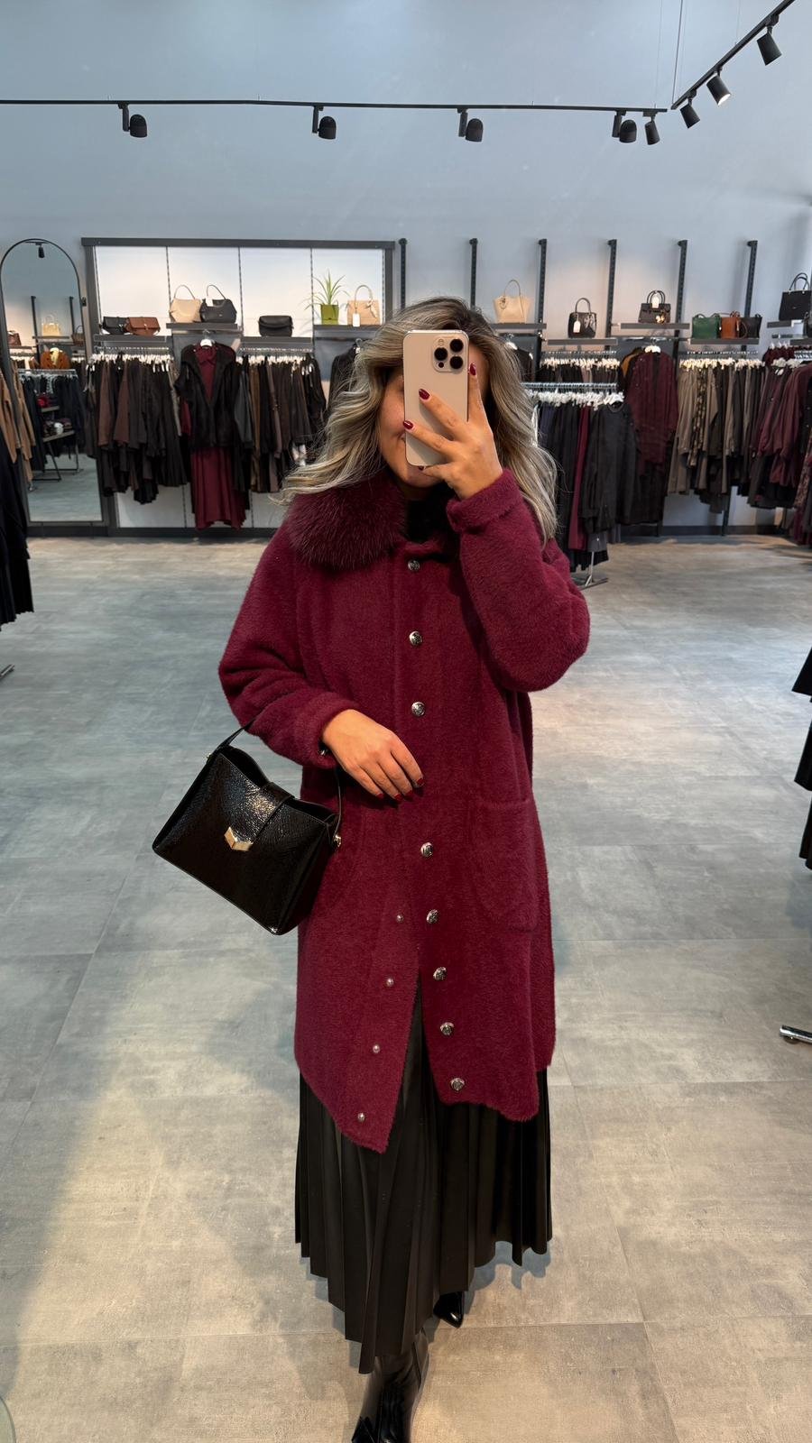 Nuss Triko Yakası Kürklü Torba Cepli Angora Kaban - Bordo