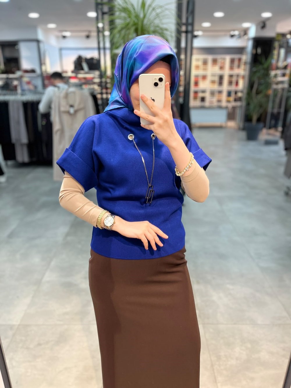 On Triko Dik Yaka Kısa Kol Kolyeli  Kazak - Saks