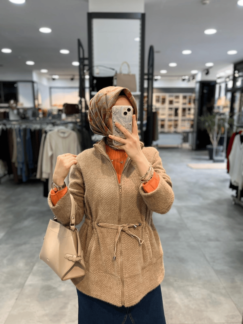 On Triko Dik Yaka Önü Fermuarlı Mont - Vizon