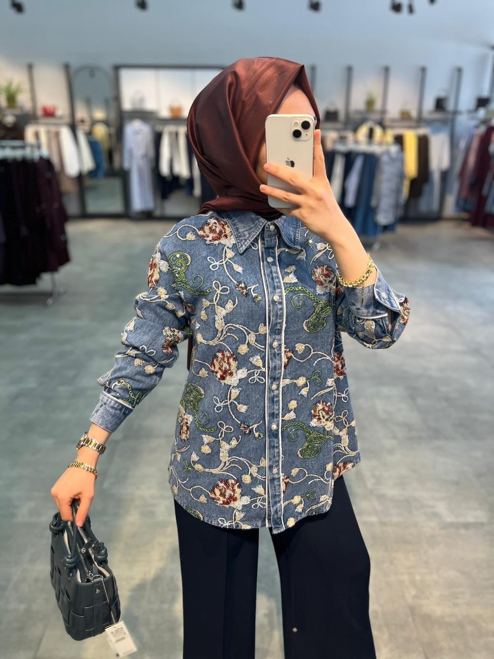 On Triko Pul Payet Nakışlı Denim Gömlek - Mavi