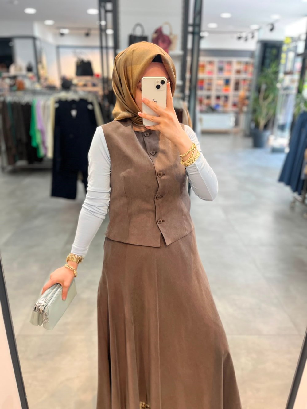 Tuğba %100 Lyocell Düğmeli Yelek Etek Takım - Kahve