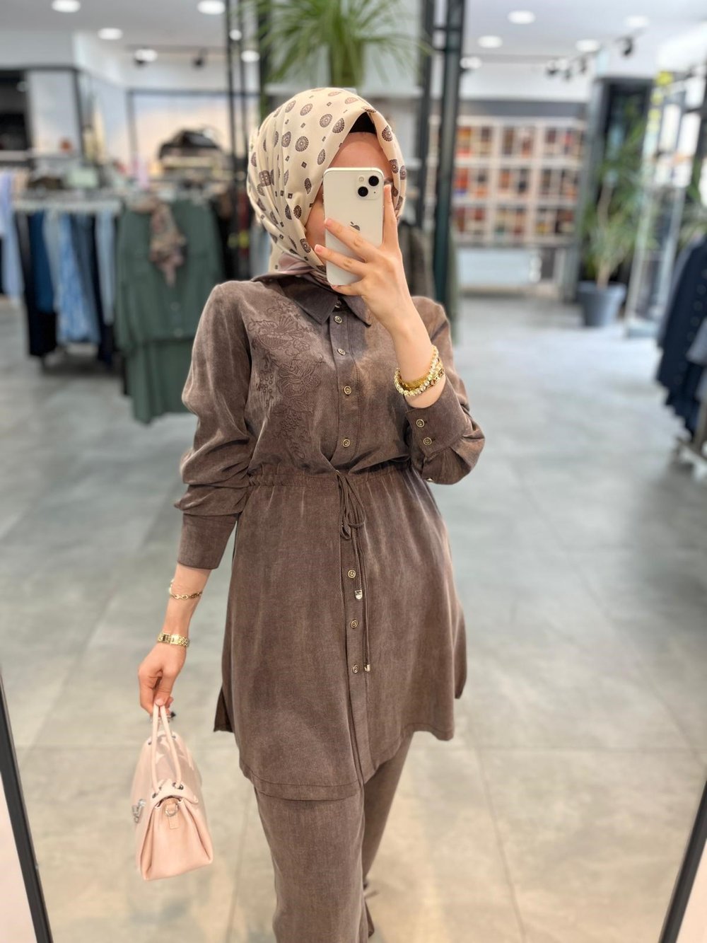 Tuğba Lyocell Karışım Beli Büzgülü Takım - Kahve