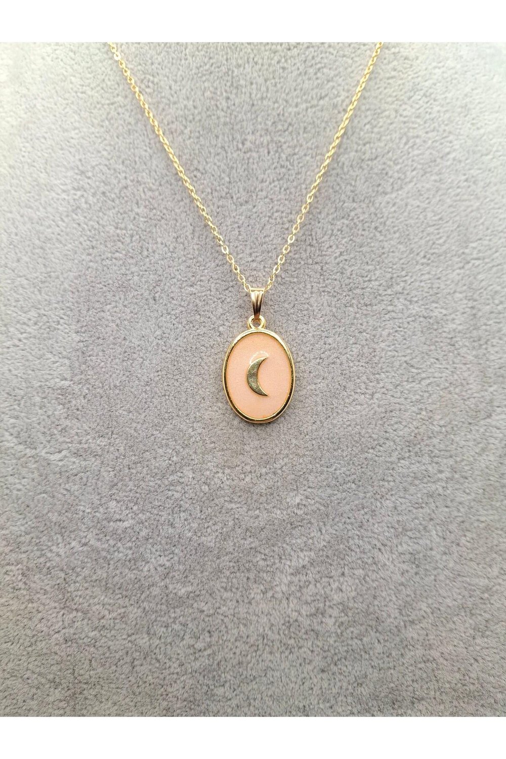 Altın Renk Toz Pembe Mineli Hilal Ay Model Kolye
