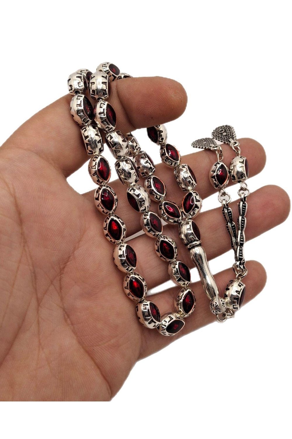 Kırmızı Mineli Gümüş Benzetme Metal Tesbih