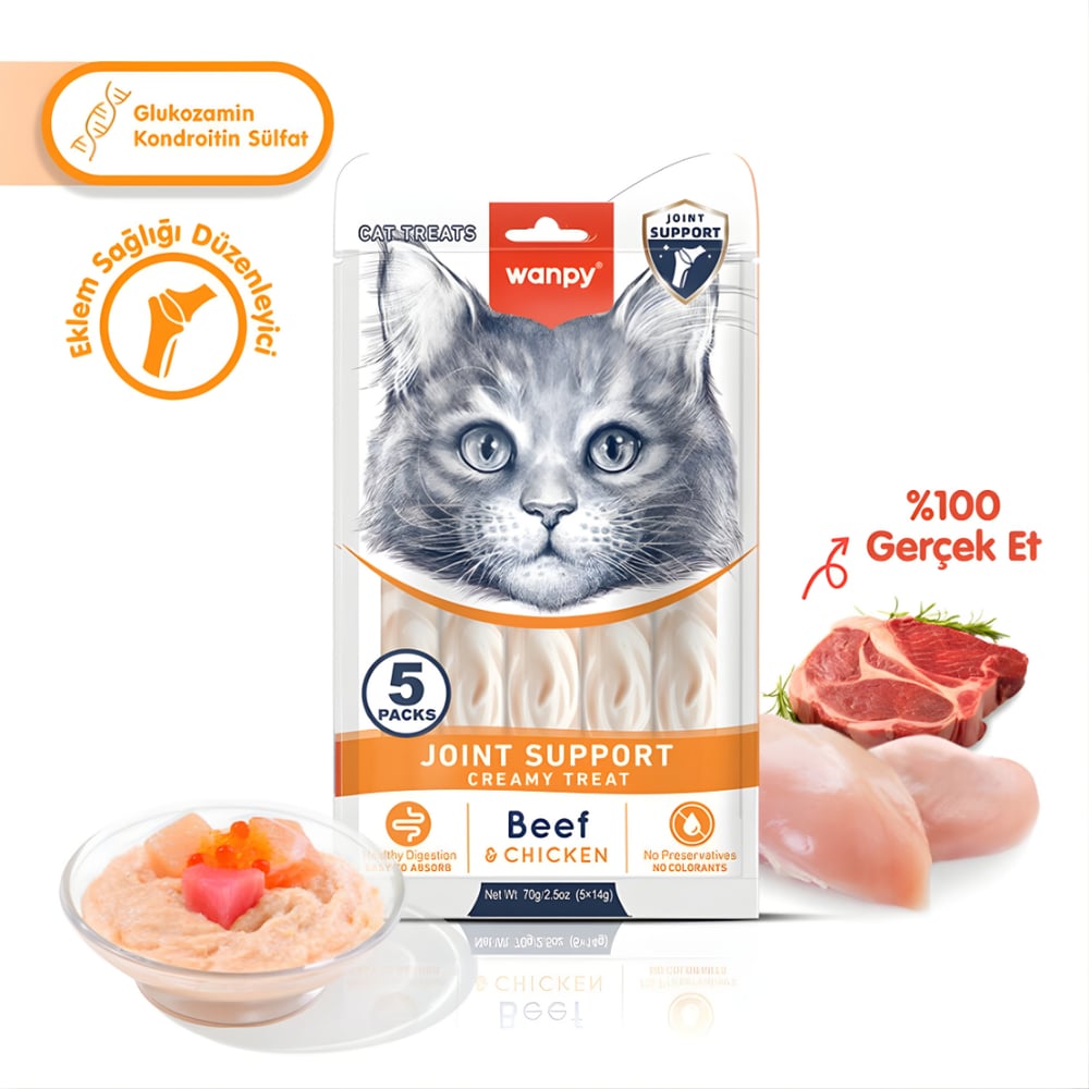 Wanpy Joint Support Sığır Etli ve Tavuklu Eklem Desteği Krema Kedi Ödül Maması 14gr (5'li)