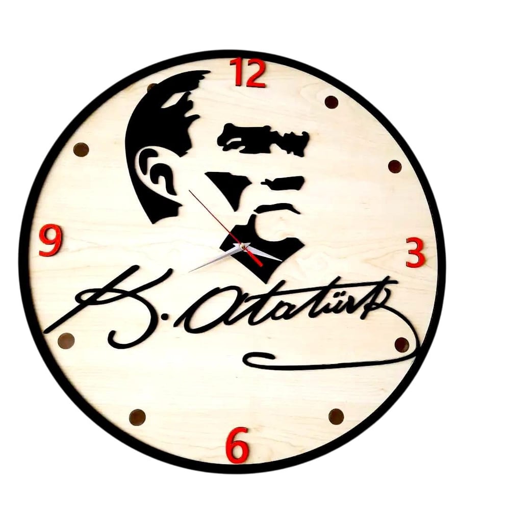 Atatürk ve imzası Detaylı Siyah-Kırmızı Duvar Saati