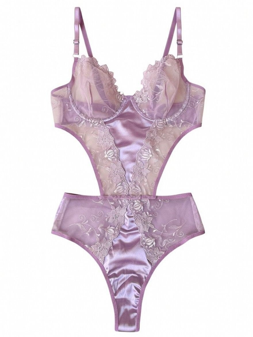 Lila Dantel ve Saten Detaylı Transparan Body 90-B