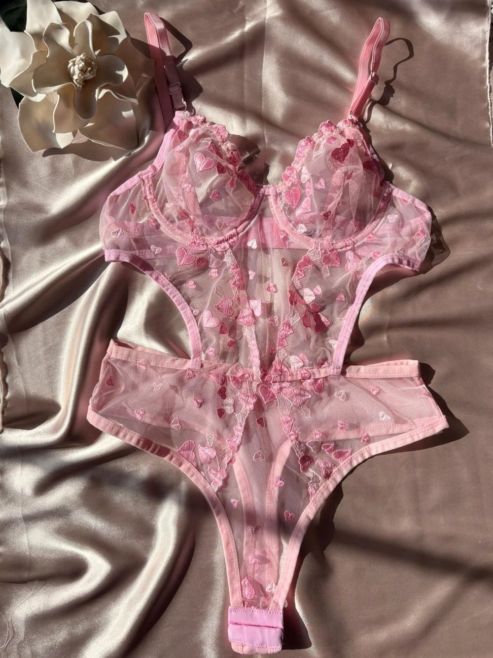 Pembe Kalp Desenli Transparan Dantel Body Takım- 80B