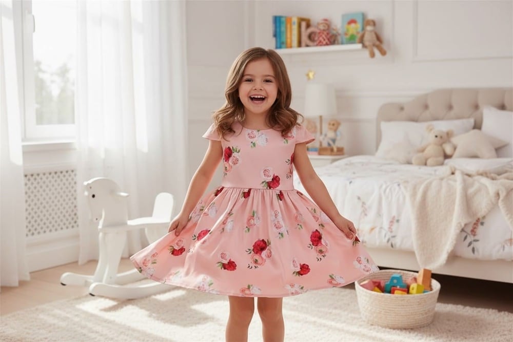 Saten Pembe Çiçekli Elbise-3 Yaş