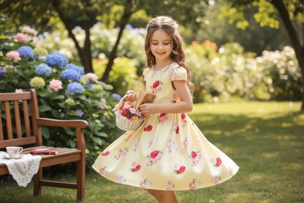 Saten Sarı Çiçekli Elbise-4 Yaş
