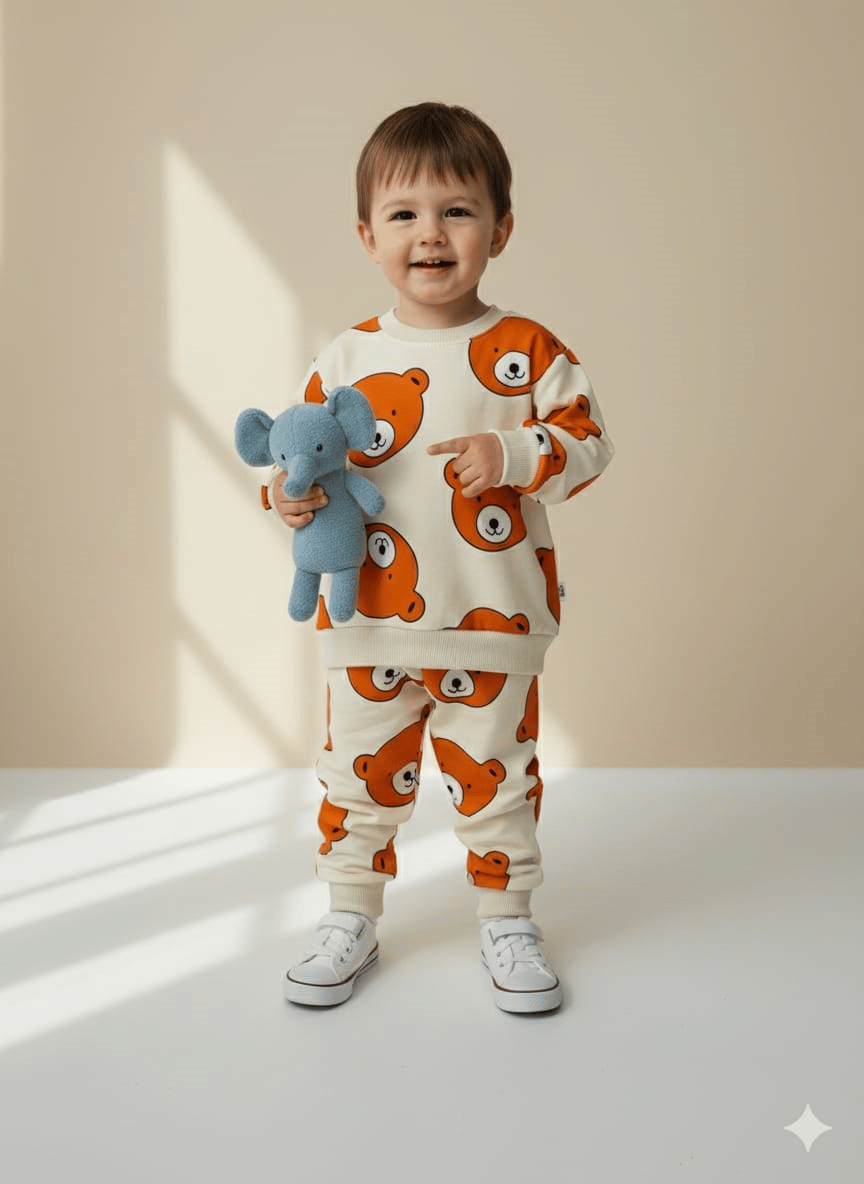 Turuncu Ayıcık Detaylı Unisex Eşofman Takımı
