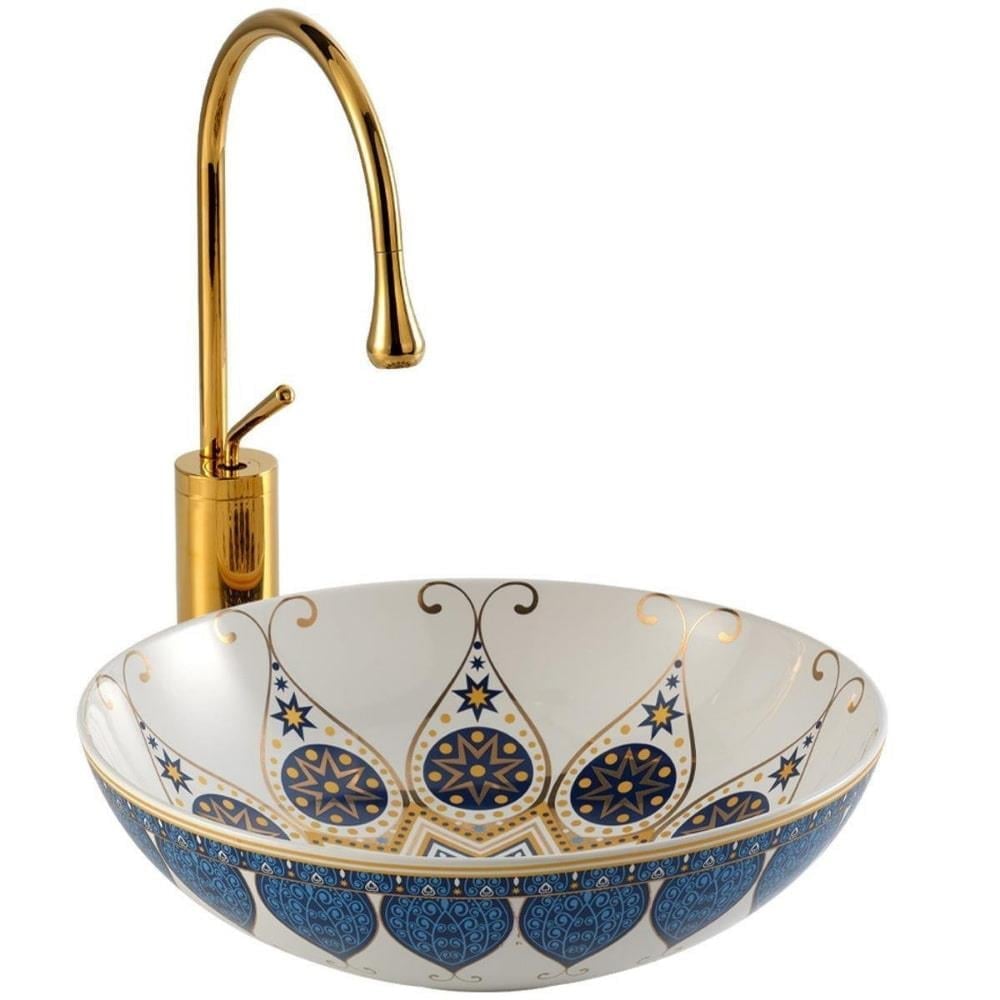 LENA Tezgah Üstü Mavi-Gold Motifli Lavabo