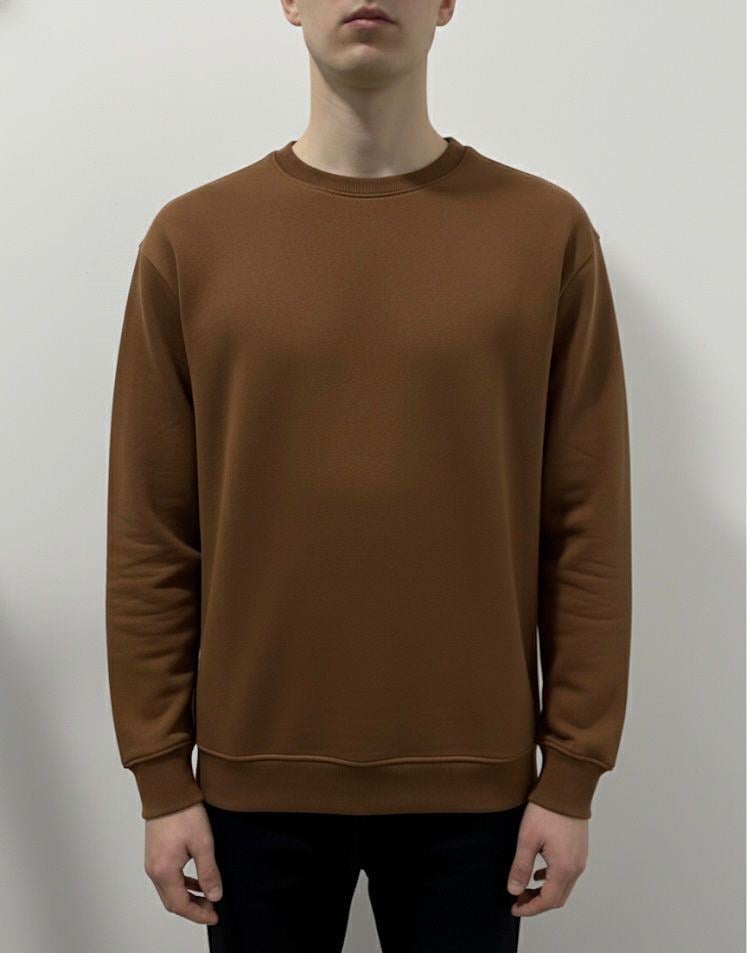 Düz Basic Bisiklet Yaka Sweat -Kahverengi