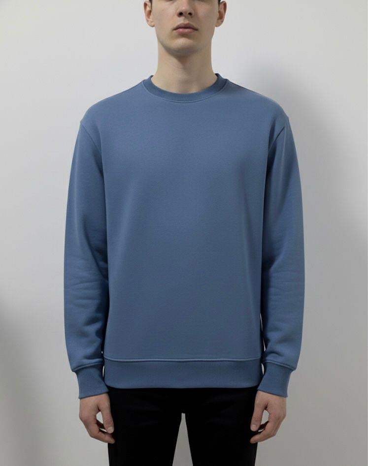 Düz Basic Bisiklet Yaka Sweat -Mavi