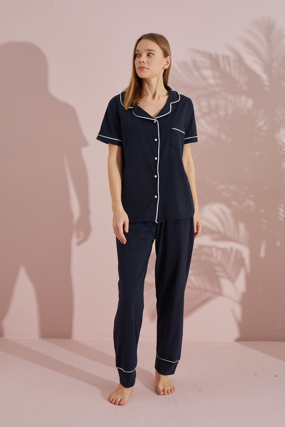 Düğmeli Pamuklu Kısa Kol Pijama Takımı
