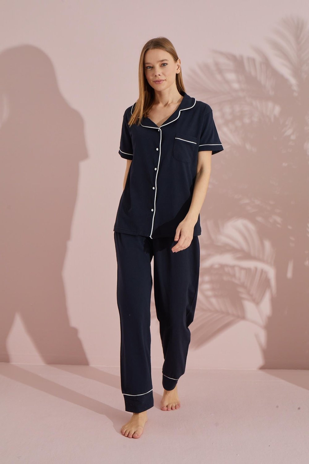 Düğmeli Pamuklu Kısa Kol Pijama Takımı