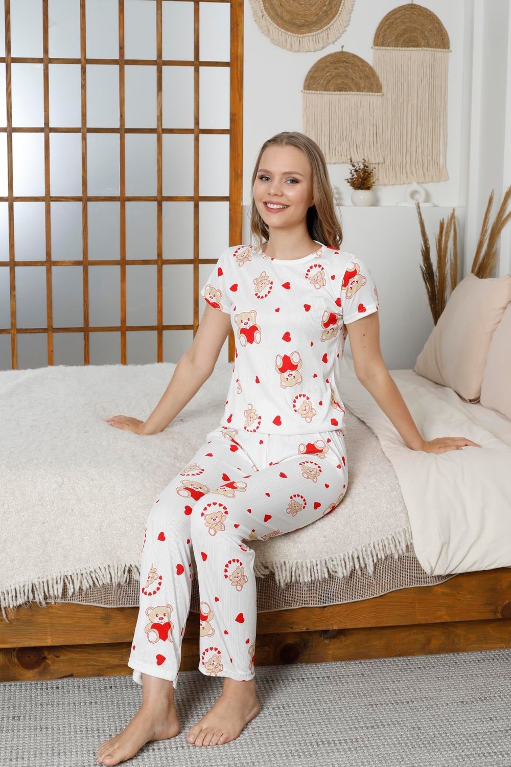Pegasus Ayıcı Desenli Beyaz Kısa Kol Pijama Takımı