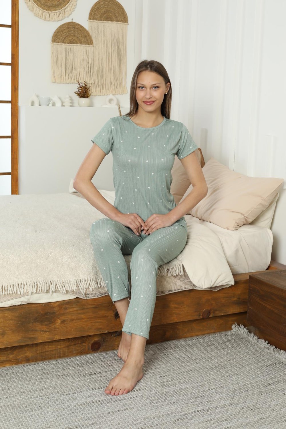 Pegasus Küçük Kalplı Desenli Mint Yeşil Kısa Kol Pijama Takımı