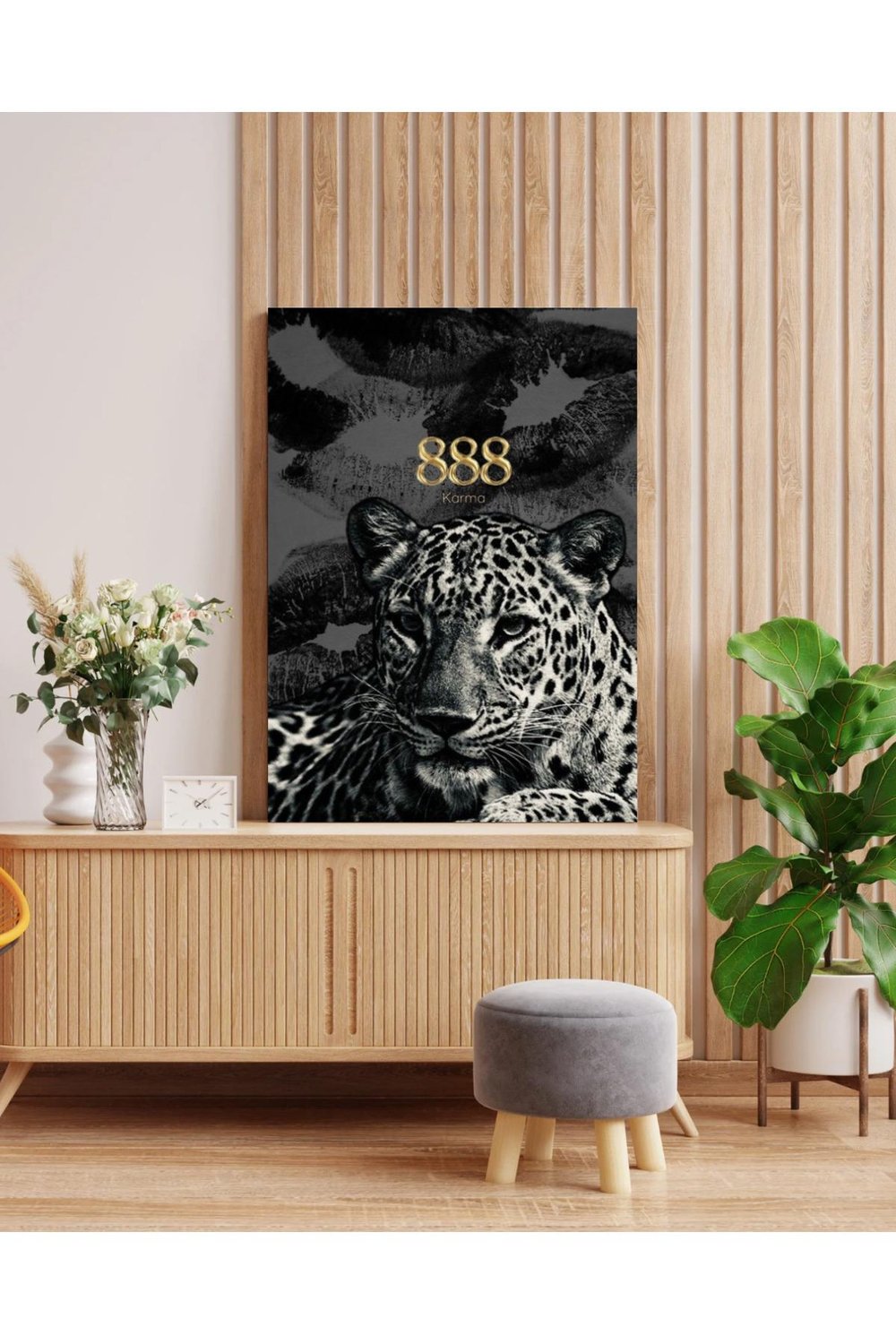 888 Karma Leopar Temalı Dekoratif Kanvas Tablo – Siyah Altın Lüks Tasarım (Kanvas Tablo Koleksiyonu)