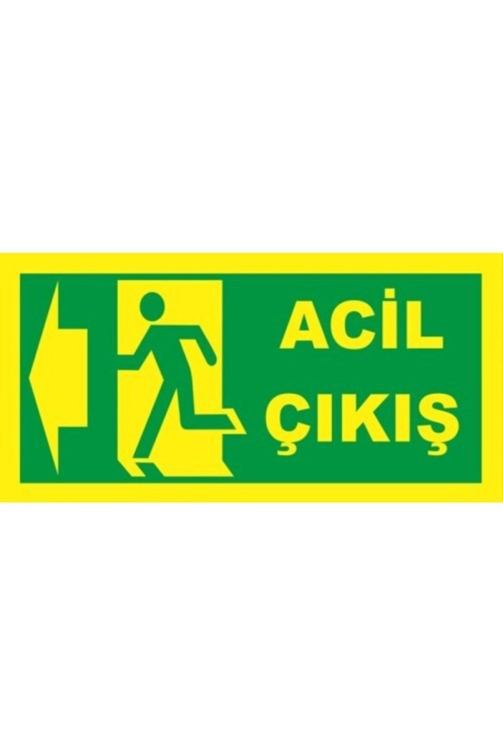 Acil Çıkış Yönlendirme Levhası – Fosforlu Yeşil Ok ve Kapı Simgeli Uyarı Tabelası