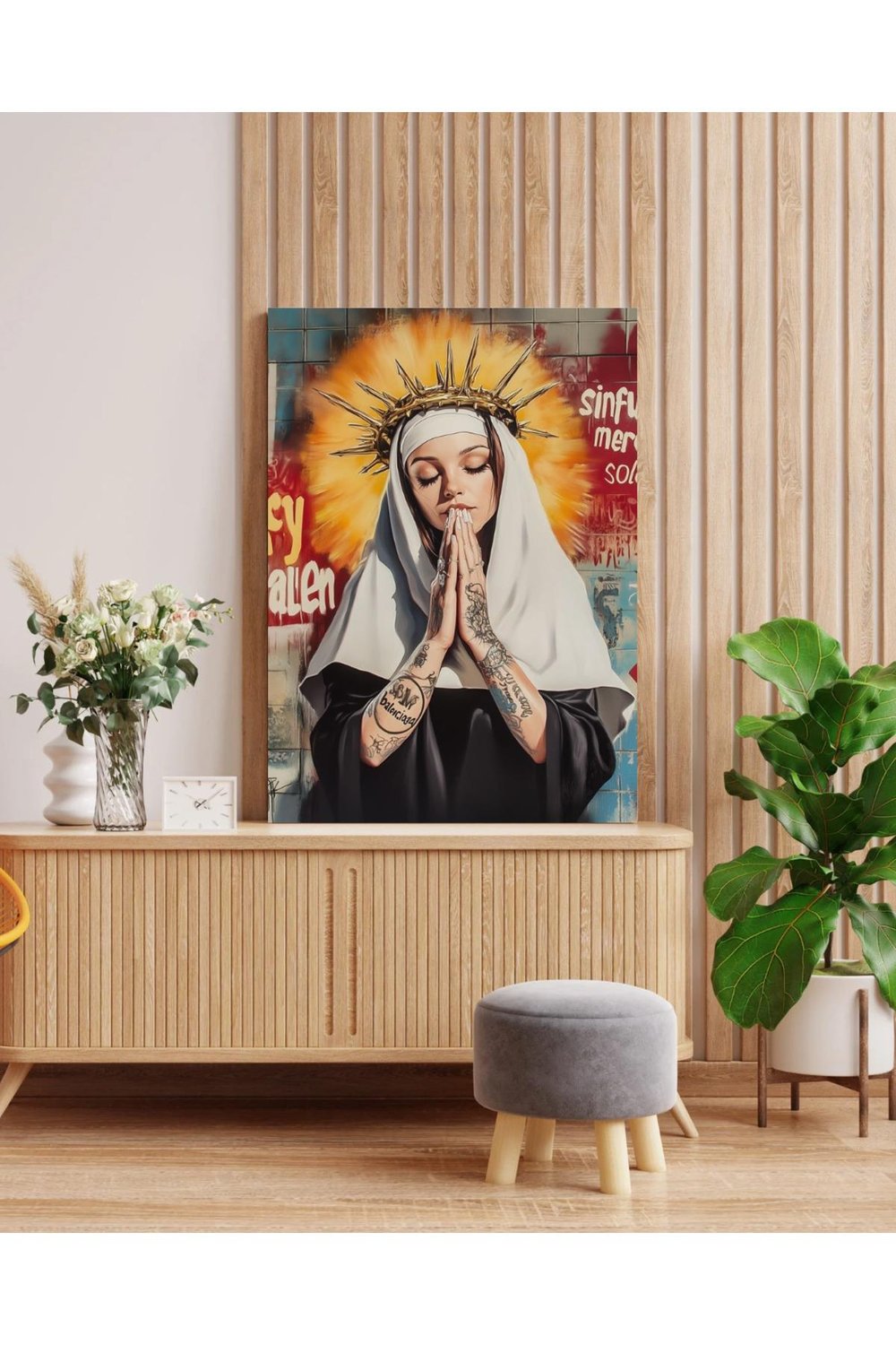 Graffiti Madonna Kanvas Tablo – Dini ve Sokak Sanatı Temalı Modern Tasarım (Kanvas Tablo Koleksiyonu)