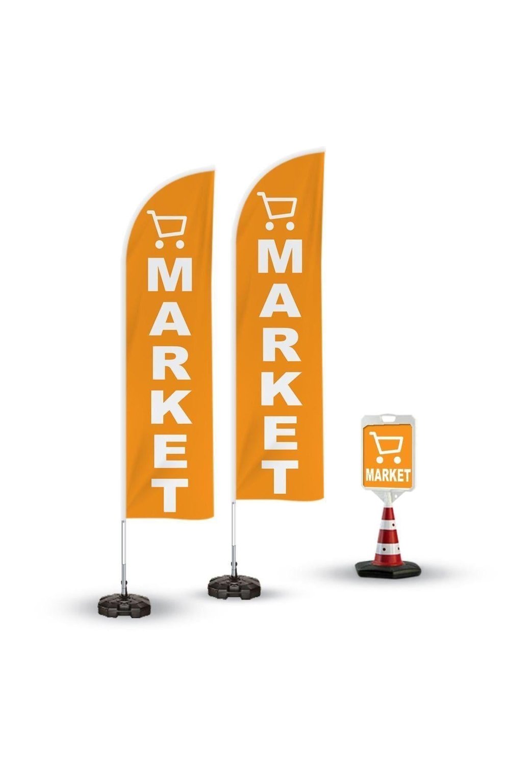 Market Bayrak Flama Seti – Turuncu Renkli Market Reklam Flaması ve Koni Tabelası