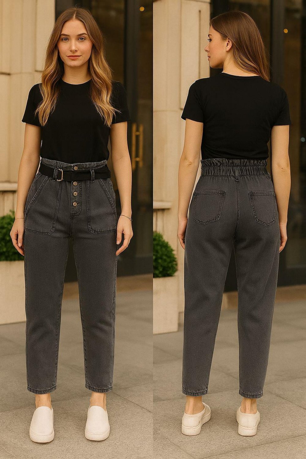 PANTOLONKemerli Düğme Detaylı Jeans