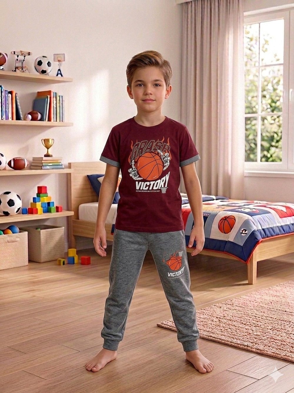 Bordo Basket Desenli Yazlık Pijama Takımı